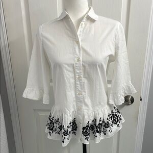Kate Spade White Blouse Bell Sleeve Peplum Black Embroidery Size XS